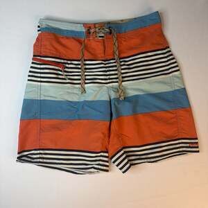 Patagonia Wavefarer Swim Shorts Mens Size 29 Orange Striped Drawstrings Beach